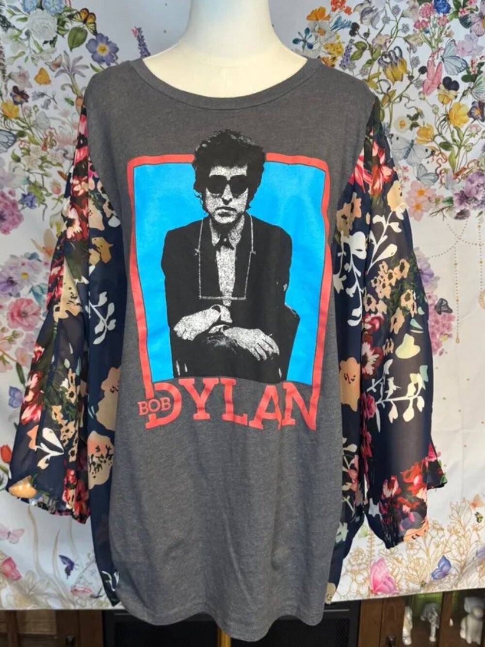 Bob Dylan Upcycled Graphic T-Shirt with Flowy Floral Sleeves -OSFM